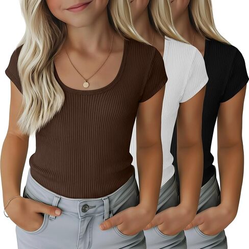 3 Pack Girls' Ribbed T-Shirts Kids Cap Sleeves Tops Casual Scoop Neck Knit Slim Fit Summer Tee 5-14 Years in Saudi Arabia