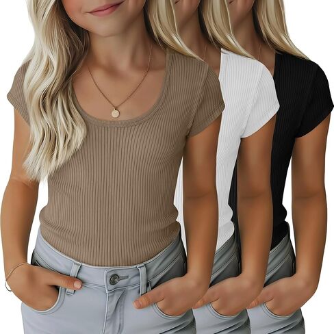 3 Pack Girls' Ribbed T-Shirts Kids Cap Sleeves Tops Casual Scoop Neck Knit Slim Fit Summer Tee 5-14 Years in Saudi Arabia