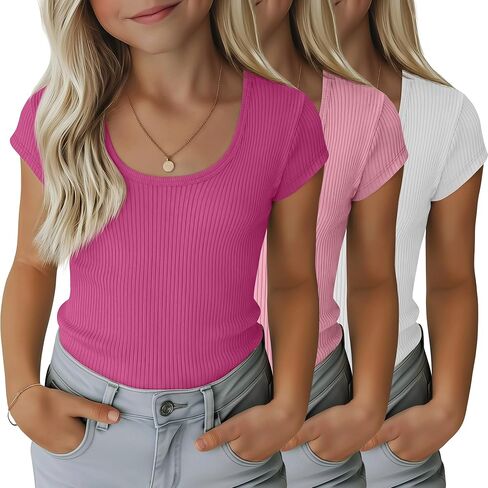 3 Pack Girls' Ribbed T-Shirts Kids Cap Sleeves Tops Casual Scoop Neck Knit Slim Fit Summer Tee 5-14 Years in Saudi Arabia