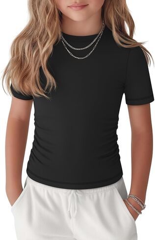 Girls Short Sleeve T Shirt Kids Crewneck Slim Fit Tee Ruched Side Summer Soft Basic Casual Top 5-14 Years in Kuwait