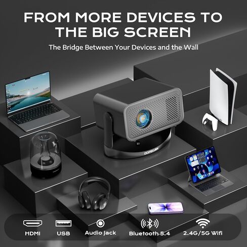 [Built-in Apps & 2026 Upgraded] Mini Projector with Wifi and Bluetooth Portable,Native 1080P 4K Support Auto Keystone Movie Projector Compatible with TV Stick/HDMI/USB, 360° for Bedroom, Outdoor Use in Saudi Arabia