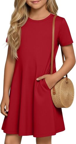 Girls' Short Sleeve Dresses Summer Casual a Line Crew Neck Swing Basic Skater Twirl Kids with Pockets 5-14 Years in Kuwait