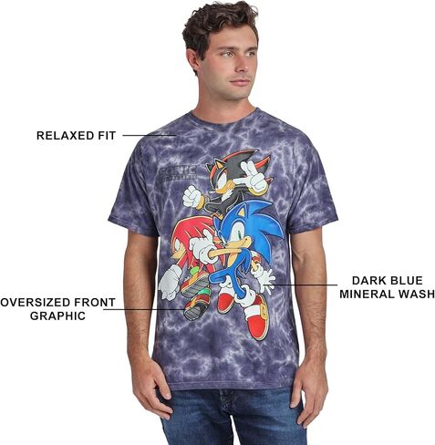 Bioworld Sonic The Hedgehog Sonic Knuckles & Shadow Men's Dark Blue Mineral Wash Crew Neck Short Sleeve T-Shirt in Saudi Arabia