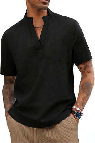 Men's Cotton Linen Blend T-Shirt V Neck Casual Short Sleeve Beach Shirts in Saudi Arabia