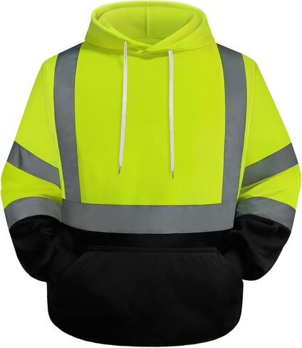 سترة حماية TCCFCCT Hi Vis للرجال والنساء من الدرجة 3 عاكسة للضوء، سترة بغطاء رأس عالية الوضوح للرجال، مساحين، متينة ومقاومة للأوساخ مع جزء سفلي أسود، WT-Yellow XL in Kuwait