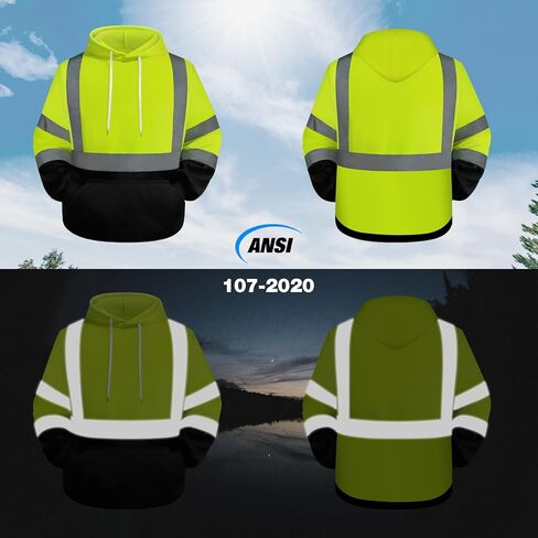 سترة حماية TCCFCCT Hi Vis للرجال والنساء من الدرجة 3 عاكسة للضوء، سترة بغطاء رأس عالية الوضوح للرجال، مساحين، متينة ومقاومة للأوساخ مع جزء سفلي أسود، WT-Yellow XL in Kuwait