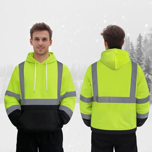 سترة حماية TCCFCCT Hi Vis للرجال والنساء من الدرجة 3 عاكسة للضوء، سترة بغطاء رأس عالية الوضوح للرجال، مساحين، متينة ومقاومة للأوساخ مع جزء سفلي أسود، WT-Yellow XL in Kuwait