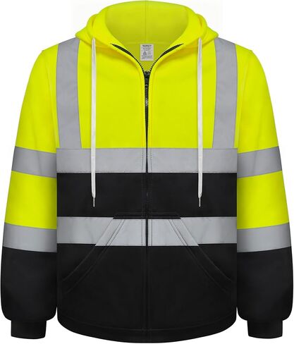 سترة حماية TCCFCCT Hi Vis للرجال والنساء من الدرجة 3 عاكسة للضوء، سترة بغطاء رأس عالية الوضوح للرجال، مساحين، متينة ومقاومة للأوساخ مع جزء سفلي أسود، WT-Yellow XL in Kuwait