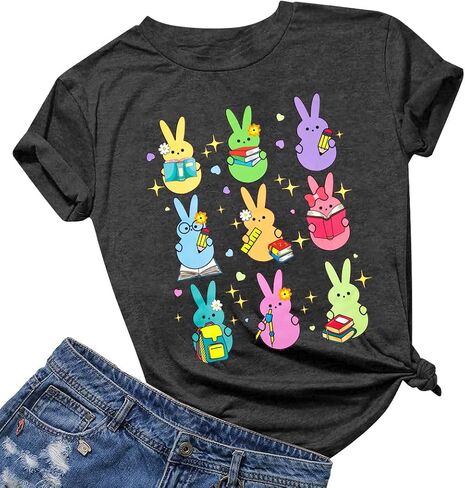 Easter Shirts for Women Easter Bunny Tshirt Rabbit Print Shirt Cute Bunny Eggs Graphic Short Sleeve Tops in Kuwait