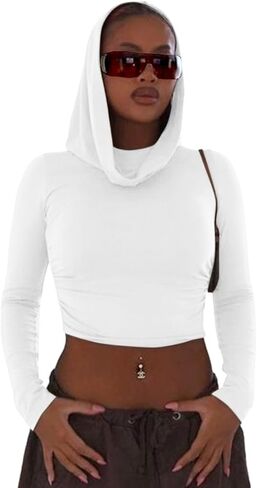 تي شيرت FAIMILORY للسيدات Y2K Street Wear بغطاء للرأس وأكمام طويلة in Kuwait