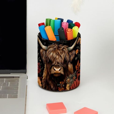 Pencil Holder for Desk, Highland Cow Florals Pen Organizer Cup Desktop Supplies and Accessories, Caddy for Office Home Art Supply in Saudi Arabia