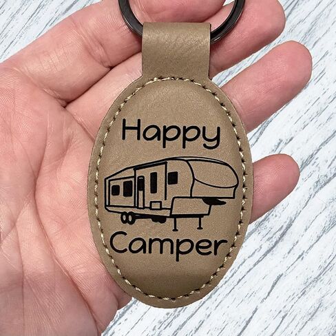 Pawtastic Designs Custom Engraved Happy Camper with 5th Wheel Key Chain Leatherette Tag with Personalized Message in Kuwait