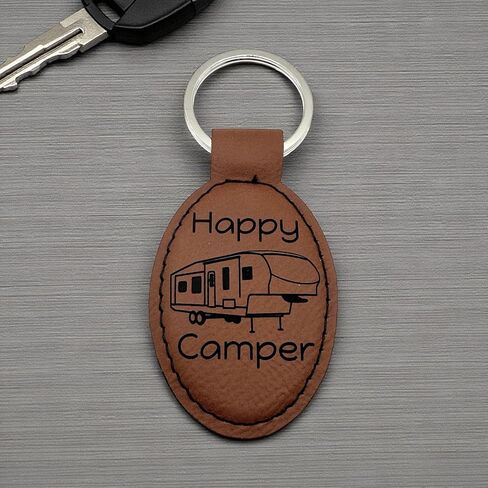 Pawtastic Designs Custom Engraved Happy Camper with 5th Wheel Key Chain Leatherette Tag with Personalized Message in Kuwait