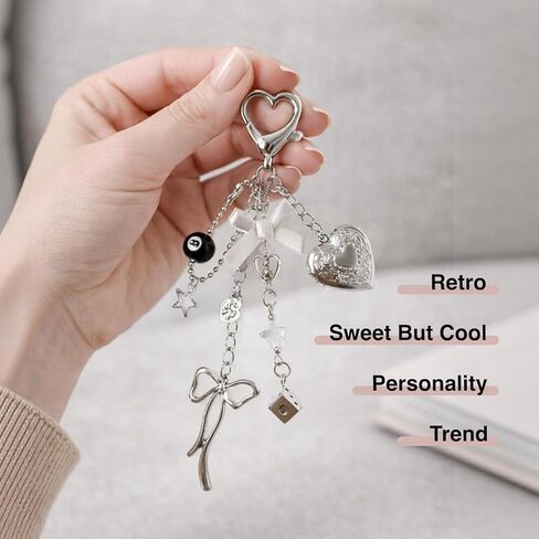 Y2k Bag Charms Purse Charms - لطيف القلب المدلاة Kawaii صورة المفاتيح، القوس 8 الكرة نجمة النرد الملحقات الجمالية للنساء، حقيبة أنيقة وديكور المفاتيح in Kuwait