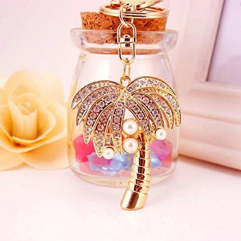 سلسلة مفاتيح Bestdays كريستال حجر الراين واللؤلؤ الاصطناعي وشجرة نخيل جوز الهند (ذهبي) in Kuwait