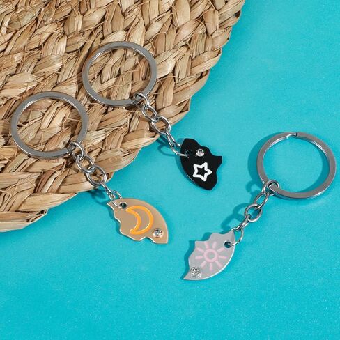 Best Friend Keychain Set of 3, Sun Moon Star Puzzle BFF Split Design, Matching Friendship Keychains for Women & Girls, Trio Gift Idea in Saudi Arabia