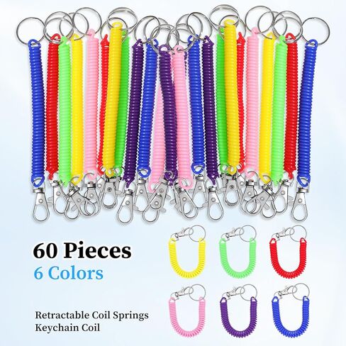 60 قطعة من سلاسل المفاتيح ذات الملف الزنبركي القابلة للسحب - 6 ألوان متنوعة مع مشبك جراد البحر للمفاتيح، والمحفظة، والمحفظة، والهاتف، وشارة الهوية، وحبل معصم قابل للتمدد مضاد للفقدان in Kuwait