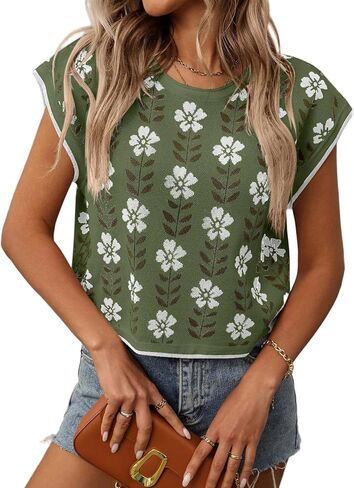 المرأة اقتصاص سترة قصيرة الأكمام زهرة الأزهار متماسكة أعلى الربيع الصيف كاب الأكمام Crewneck البلوز قميص عارضة in Saudi Arabia