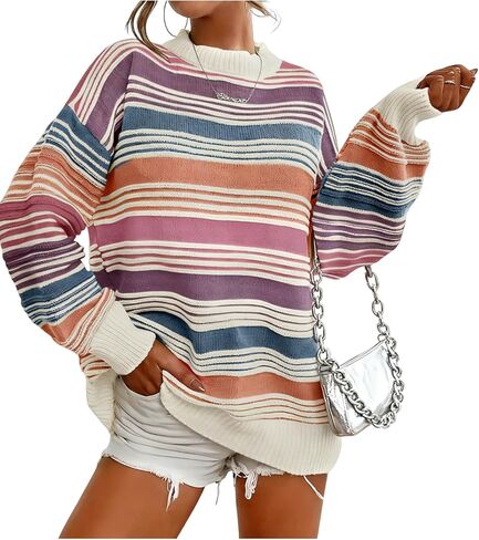 Wyeysyt Womens Striped Pullover Sweaters Fall Oversized Knit Sweaters Crewneck Long Sleeve Loose Tops in Kuwait