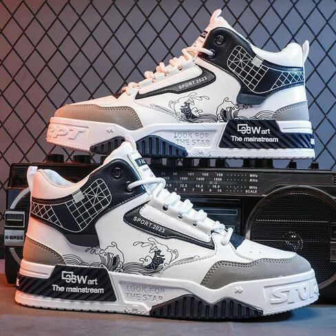 Men's Fashionable Thick-Soled high-top Sports Shoes with Lacing Design, Durable Rubber, Shock-Absorbing Comfortable. in Saudi Arabia