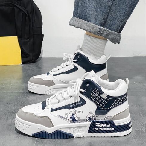 Men's Fashionable Thick-Soled high-top Sports Shoes with Lacing Design, Durable Rubber, Shock-Absorbing Comfortable. in Saudi Arabia