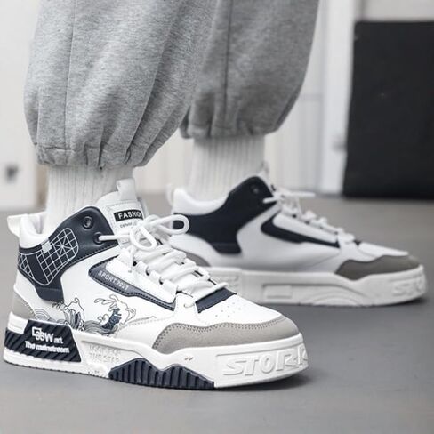 Men's Fashionable Thick-Soled high-top Sports Shoes with Lacing Design, Durable Rubber, Shock-Absorbing Comfortable. in Saudi Arabia