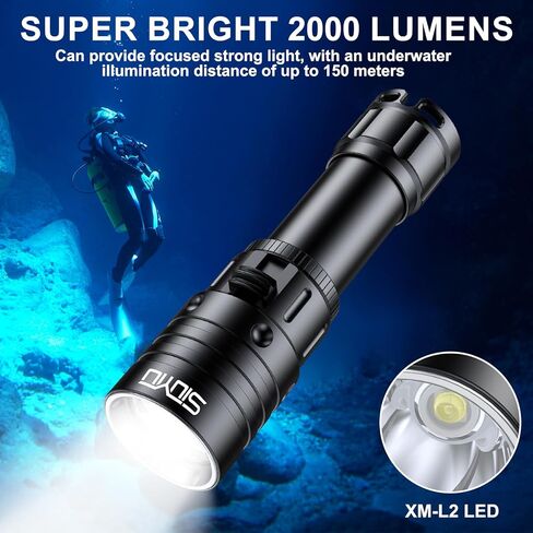 2000 Lumen Dive Light for Scuba Diving, 150 Meters Underwater Flashlight, Rechargeable Battery, White Light, Aluminum Alloy, Diving Flashlight with Push Switch in Kuwait