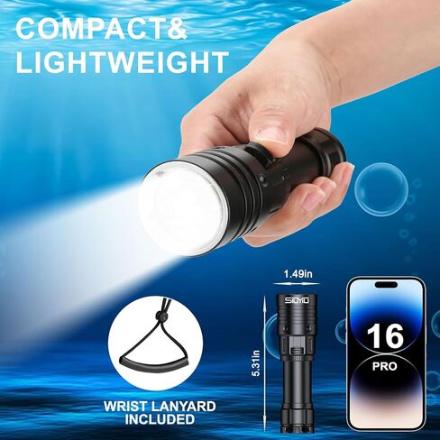 2000 Lumen Dive Light for Scuba Diving, 150 Meters Underwater Flashlight, Rechargeable Battery, White Light, Aluminum Alloy, Diving Flashlight with Push Switch in Kuwait