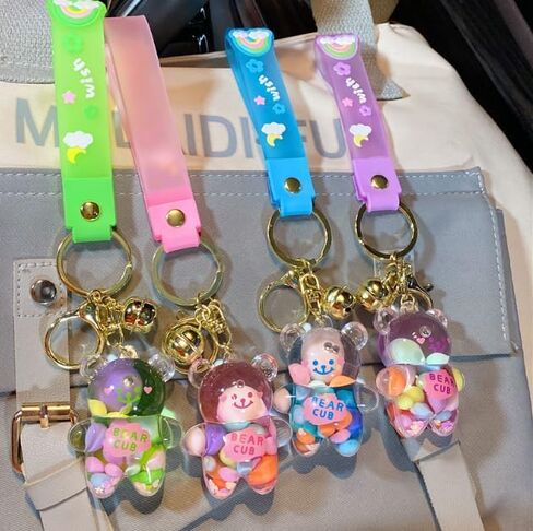 4pcs Kawaii Keychain Bear Liquid Floating Quicksand Cute Keychains Bag Charm Wristlet Bracelet Key Ring for Women Girl in Kuwait