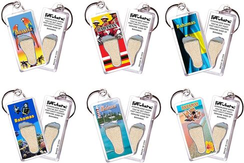 FootWhere Bahamas Souvenir Keychains. 6 Piece Set. Authentic destination souvenir acknowledging where you've set foot. Genuine sand of Bahamas encased inside foot cavity. Made in USA in Kuwait