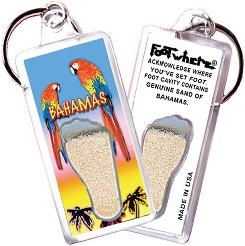 FootWhere Bahamas Souvenir Keychains. 6 Piece Set. Authentic destination souvenir acknowledging where you've set foot. Genuine sand of Bahamas encased inside foot cavity. Made in USA in Kuwait