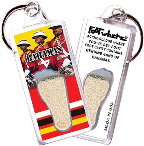 FootWhere Bahamas Souvenir Keychains. 6 Piece Set. Authentic destination souvenir acknowledging where you've set foot. Genuine sand of Bahamas encased inside foot cavity. Made in USA in Kuwait