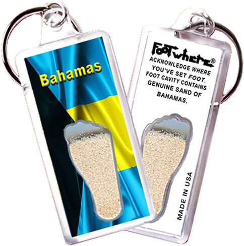 FootWhere Bahamas Souvenir Keychains. 6 Piece Set. Authentic destination souvenir acknowledging where you've set foot. Genuine sand of Bahamas encased inside foot cavity. Made in USA in Kuwait