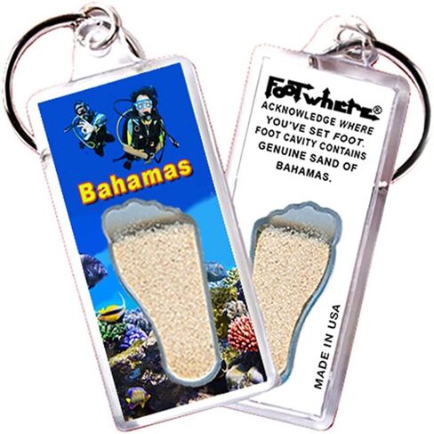 FootWhere Bahamas Souvenir Keychains. 6 Piece Set. Authentic destination souvenir acknowledging where you've set foot. Genuine sand of Bahamas encased inside foot cavity. Made in USA in Kuwait
