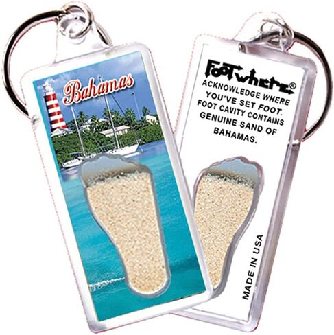 FootWhere Bahamas Souvenir Keychains. 6 Piece Set. Authentic destination souvenir acknowledging where you've set foot. Genuine sand of Bahamas encased inside foot cavity. Made in USA in Kuwait