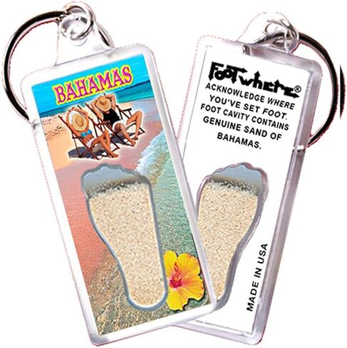 FootWhere Bahamas Souvenir Keychains. 6 Piece Set. Authentic destination souvenir acknowledging where you've set foot. Genuine sand of Bahamas encased inside foot cavity. Made in USA in Kuwait