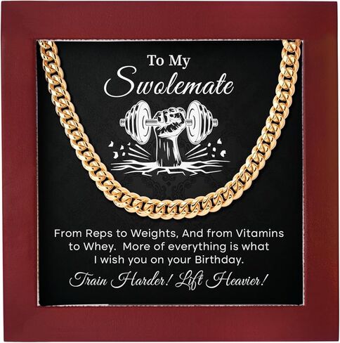 To My Swolemate Cuban Link Chain Necklace Gift For Him, Gift For Swolemate Necklace, Dumbbell Weight Lifters Jewelry Cuban For Men, Fitness Couple Necklace With Message Card And Gift Box. in Kuwait