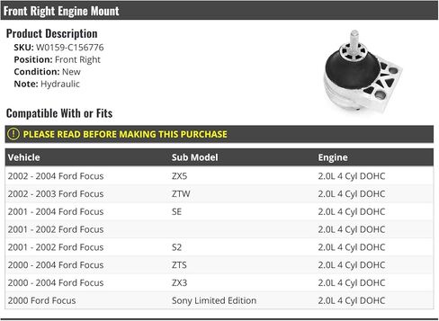 Front Right Passenger Side Hydraulic Engine Mount - Compatible with 2000-2004 Ford Focus 2.0L 4-Cylinder DOHC in Saudi Arabia
