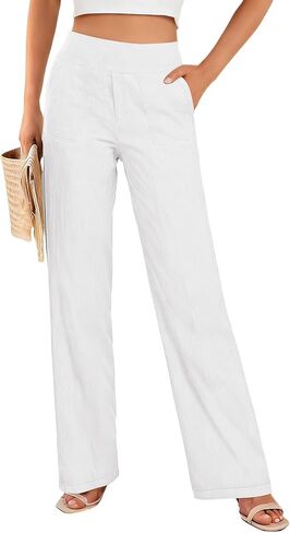 سراويل الكتان النسائية واسعة الساق الصيف عادية بالازو عطلة السراويل القطن صالة متأنق فلوي بوهو السراويل مع جيوب in Kuwait