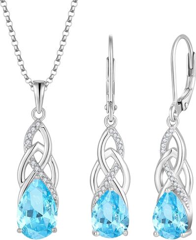JO WISDOM Celtic Knot Infinity Jewelry Set for Women 925 Sterling Silver Aquamarine Dangle Drop Leverback Earrings March Birthstone Necklace Pendant Gemstone Jewelry in Saudi Arabia