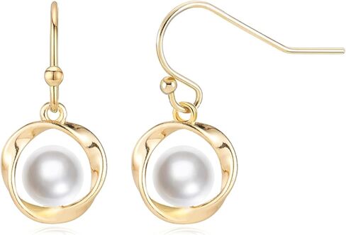 أقراط لؤلؤ أنيقة للنساء 18 قيراط مطلية بالذهب أقراط متدلية على شكل دائرة موبيوس مع لؤلؤ أبيض أنيق متدلي أقراط لحفلات الزفاف ملابس يومية أنيقة إكسسوارات مجوهرات in Kuwait