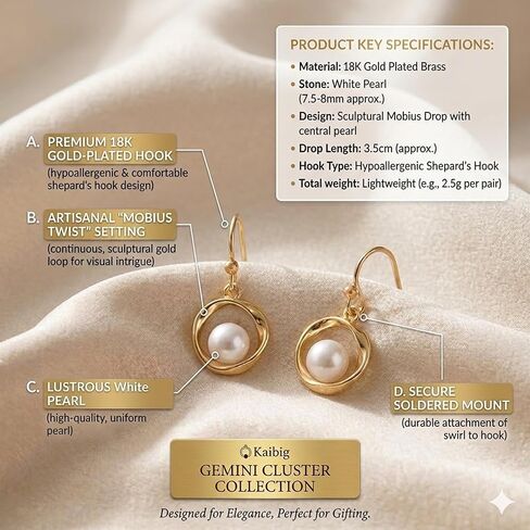 أقراط لؤلؤ أنيقة للنساء 18 قيراط مطلية بالذهب أقراط متدلية على شكل دائرة موبيوس مع لؤلؤ أبيض أنيق متدلي أقراط لحفلات الزفاف ملابس يومية أنيقة إكسسوارات مجوهرات in Kuwait