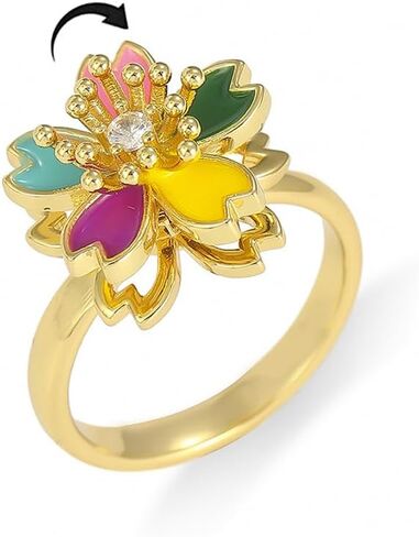 Colorful Flower Fidget Spinner Ring for Women Adjustable Anxiety Relief Rings Imitation Crystals Wedding Engagement Open Band Anti Rotatable Delicate Stress Relief Jewelry Trendy Statement for Her in Saudi Arabia
