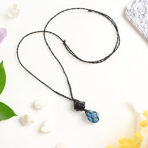 Raw Black Tourmaline and Ocean Flourite Necklace – Handmade Macramé Crystal Pendant for Spiritual & Grounding, everyday energy Gift for Men, Women in Saudi Arabia