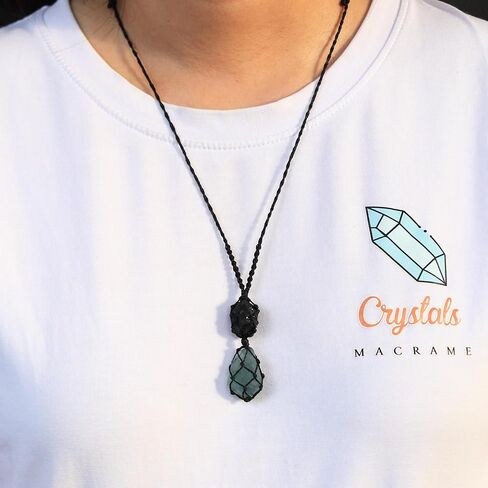 Raw Black Tourmaline and Ocean Flourite Necklace – Handmade Macramé Crystal Pendant for Spiritual & Grounding, everyday energy Gift for Men, Women in Saudi Arabia