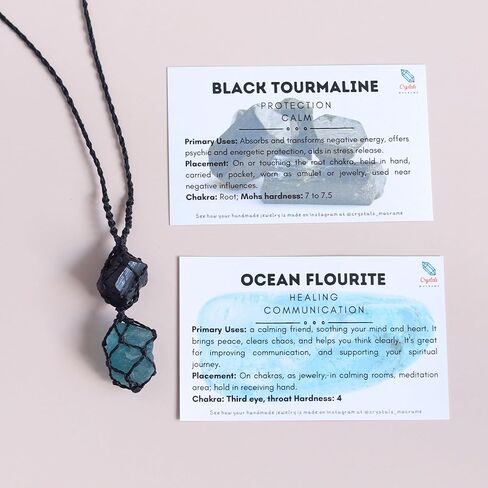 Raw Black Tourmaline and Ocean Flourite Necklace – Handmade Macramé Crystal Pendant for Spiritual & Grounding, everyday energy Gift for Men, Women in Saudi Arabia