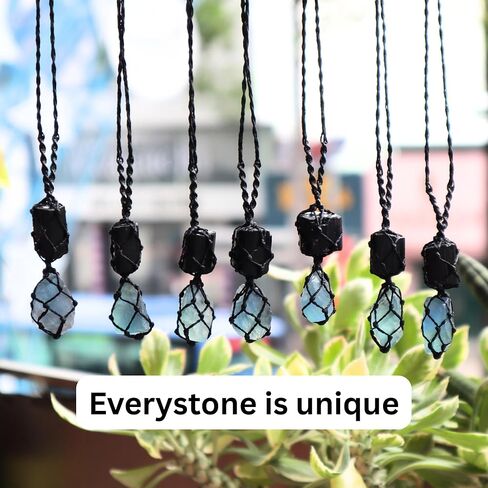 Raw Black Tourmaline and Ocean Flourite Necklace – Handmade Macramé Crystal Pendant for Spiritual & Grounding, everyday energy Gift for Men, Women in Saudi Arabia