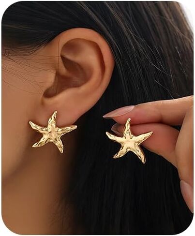 Gold Starfish Earrings for Women Boho Summer Beach Ocean Starfish Earring Vintage Statement SeaShell Studs Trendy Chunky Earrings Beachy Vacation Outfits Accessories Jewelry in Saudi Arabia