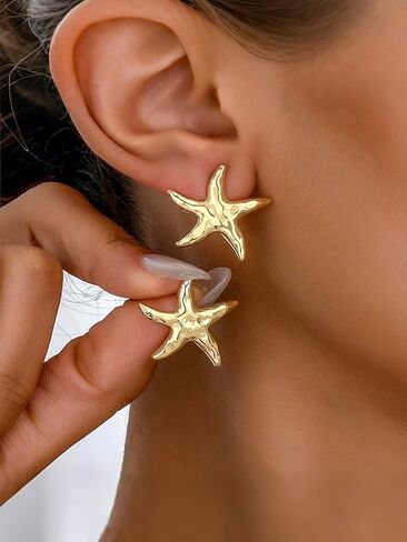 Gold Starfish Earrings for Women Boho Summer Beach Ocean Starfish Earring Vintage Statement SeaShell Studs Trendy Chunky Earrings Beachy Vacation Outfits Accessories Jewelry in Saudi Arabia