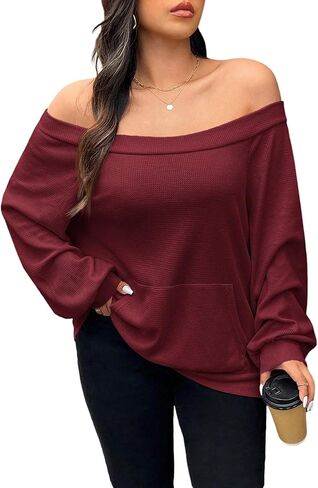SOLY HUX Women's Plus Size Off the Shoulder Sweatshirt Long Sleeve Casual Fall Pullover Tops with Pocket in Saudi Arabia